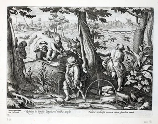 Vogeljäger, die Fallen benutzen, um Rebhühner zu fangen, Illustration aus 